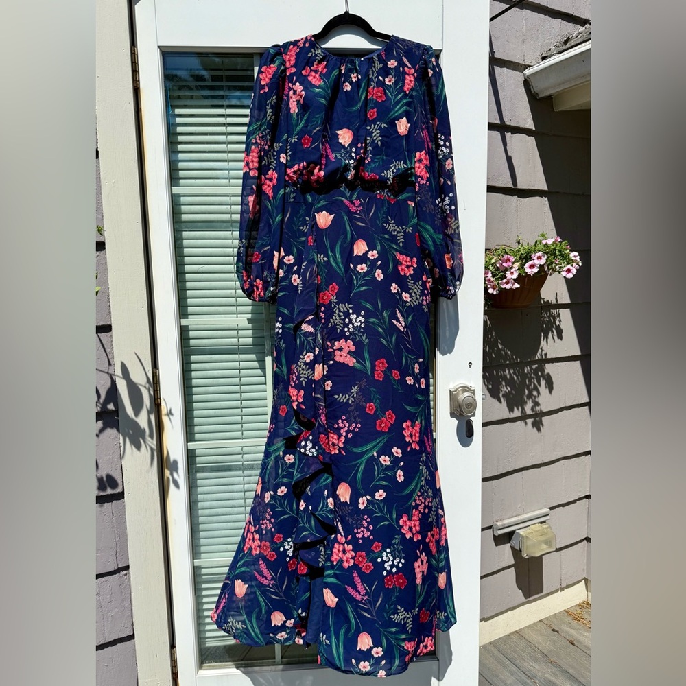 Eliza J Size 8 Floral Maxi Dress with Long Sleeves and Ruffle Detail